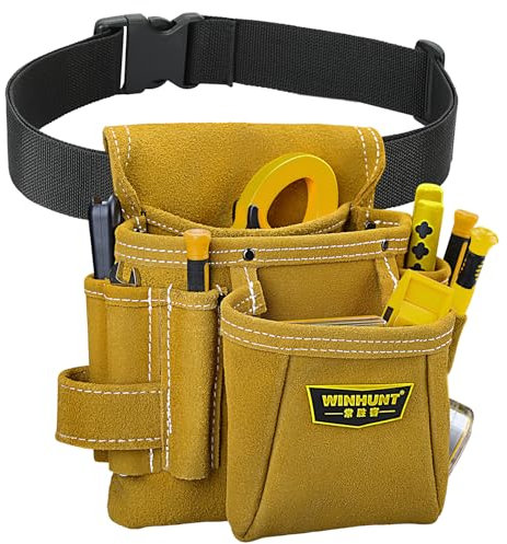 WINHUNT Leather Tool Pouch Bag with Adjustable Belt, 10 Pockets Tools Storage Pouches with Hammer Holder for Carpenter, 24 x 22 x 8 cm, Tan