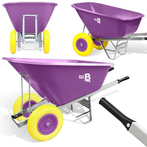 Equimed Garden Wheelbarrow - Extra Large Trolley with 200L Plastic Bucket, Puncture-Proof PU Wheels, Galvanised Frame (Purple Yellow wheels)