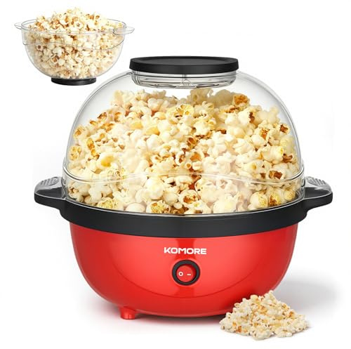 KOMORE Popcorn Machine Popcorn Maker Round, Non-stick Coated, Removable Lid, Sugar, Oil & Butter Supportable, Electric Pop Corn Maker Machine for Movie Parties