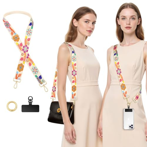 MoKo Mobiltelefon crossbody med broderade blommor med 360° rotation metall mobiltelefonhållare, justerbar axel- och halsrem för kvinnor handväska/tygväska ersättningsremmar, pilbeige
