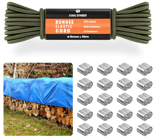 Gummirep 6mm x 10m Gummisnöre Gummilina med 20 Repklämmor | 100% Stretch, Med 20 Repklämmor, Durable, Camping, Presenning, Släpvagn, Gör-det-själv, Skosnören