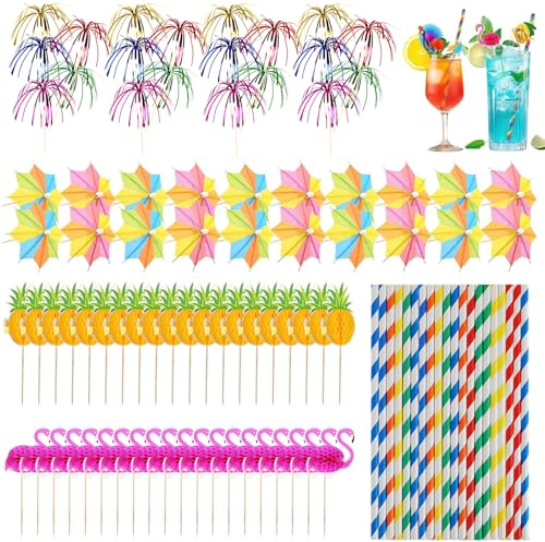 YUZHEDM 100 Pezzi Cannucce da Cocktail Cannucce Estive Hawaiane Colorate Ombrellini Decorativi da Cocktail In Carta per Feste Estive Spiaggia Matrimonio Celebrazione Bar Bevande Decorazione
