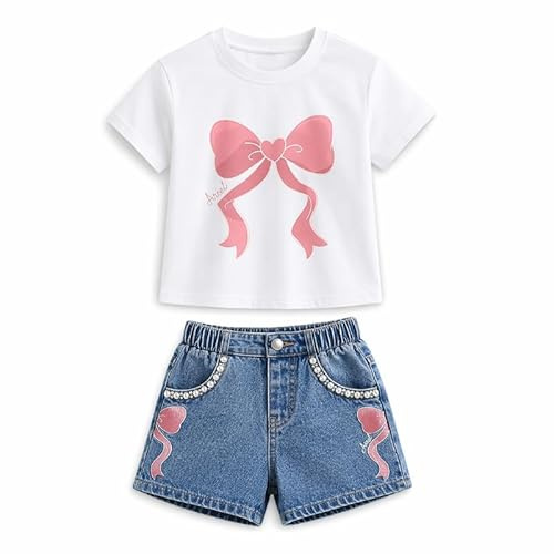 OrJana Completo Bambina 2 Pezzi con Unicorno, Maglietta con Volant e Jeans, Tema Unicorno e Arcobaleno (white, 7-8 anni)