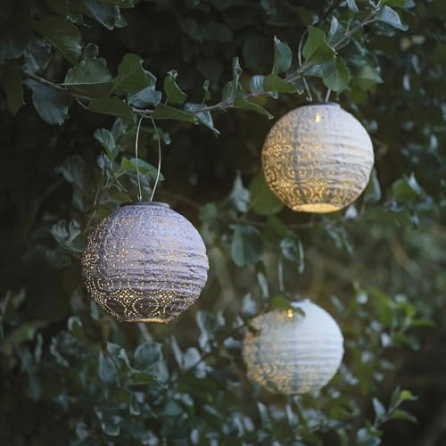 Lights4fun Juego de 3 farolillos solares Tyvek | LED blanco cálido | Farolillos orientales marroquíes con colgador | Resistente a la intemperie exterior, jardín, terraza y balcón | Funcionamiento