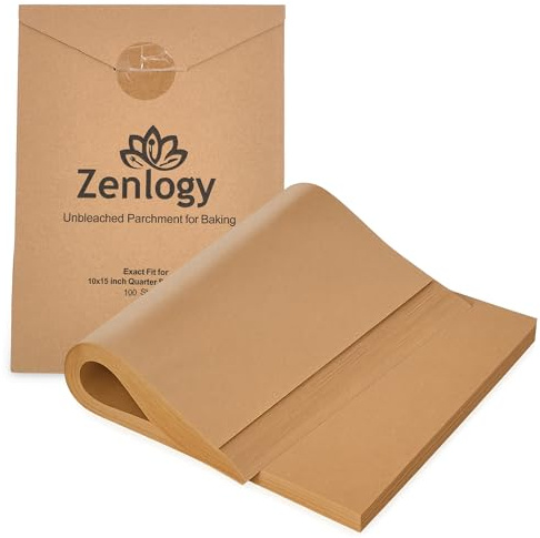 Zenlogy 10x15 Parchment Paper (100 Sheets) - Unbleached, High Heat, Non-stick, Pre-cut Baking Paper for Jelly Roll Pans - Great for Baking, Roasting, Wrapping, Dehydrator, and so much more