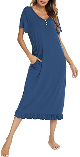 Vlazom Women's Nightdress Ruffle Hem Nightshirts V Neck Long Sleep Dress Nightgown Sleepwear, A-Cobalt Blue, XL