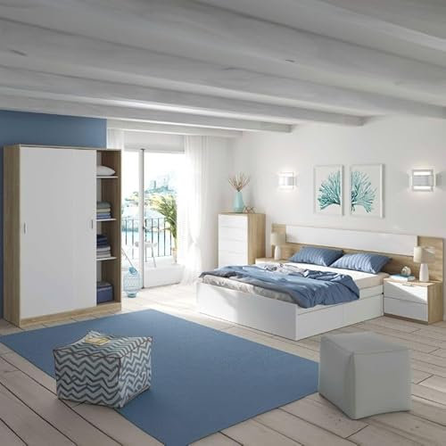 Miroytengo Pack Dormitorio Completo Alaya Color Blanco Y Roble para Camas 150 cm (Cama+cabecero+2 Mesitas+Armario+sinfonier)