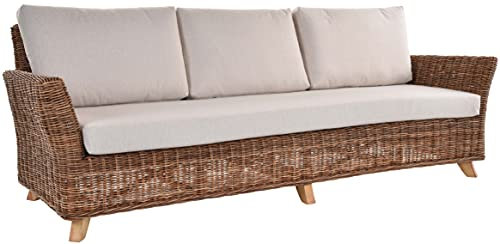 Krines Home Dreisitzer Wintergarten Sofa Valencia Natur Rattan Rattansofa Wohnzimmer Sofa Polster(Natur, 3-Sitzer)
