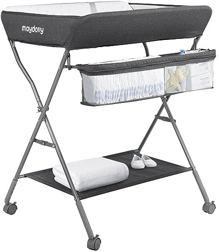 Baby Changing Table with Wheels, Maydolly Portable Adjustable Height Folding Diaper Station with Nursery Organizer & Storage Rack for Newborn Baby and Infant (Dark Grey)