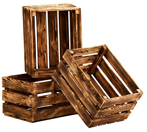 Cakla Holzkiste Vintage 3 Stück XL 50x40x30 - Dekorative Holzkisten für Gegenstände - Geschenkbox - Stilvoll und Elegant Kisten - Obstkisten - Weinkiste Holz