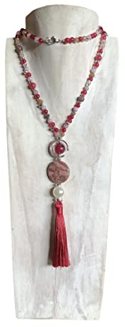 Anhur Collar Colgante de Piedras Naturales en Granate Rojo Camel y Borlón Rojo con Perla