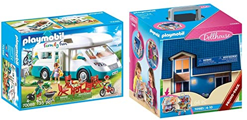PLAYMOBIL Family Fun 70088 Familien-Wohnmobil & Dollhouse 70985 Mitnehm-Puppenhaus mit Griff, Zusammenklappbar, Spielzeug für Kinder ab 4 Jahren