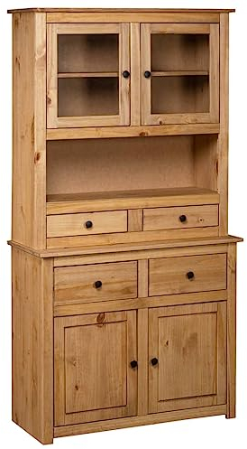 KOIECETA Panama-Kiefer Massiv Highboard mit 4 Schubladen 4 Türen Rustikal Kommode Anrichte Schrank Vitrine Standschrank 93x40,5x180cm (Braun)