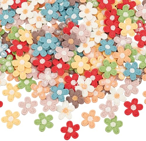 FINGERINSPIRE 144 Stück 8 Farben Gestrickte Blumen Aufnäher 15 mm Gehäkelte Applikationen Baumwolle Strick Kostüm Zubehör Zum Basteln Kleidung Kleid