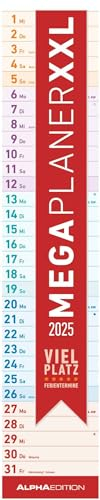 Alpha Edition - Megaplaner XXL 2025 Streifenkalender, 17 x 85cm, Familienkalender mit einer Spalte, viel Platz für Notizen, Mondphasen, deutsches Kalendarium und Ferientermine DE/AT/CH