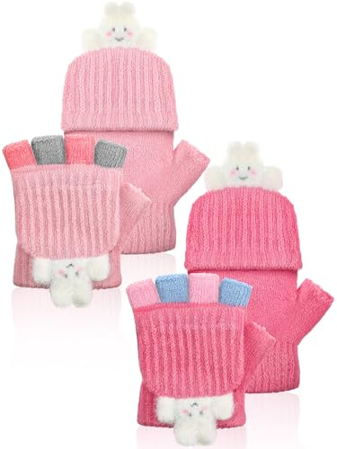 SATINIOR 2 Pairs Winter Fingerless Gloves for Kids Toddler Finger Mittens Knit Convertible Half Finger Mitten Flap Aged 3-8(Lovely Style,Pink, Beige)