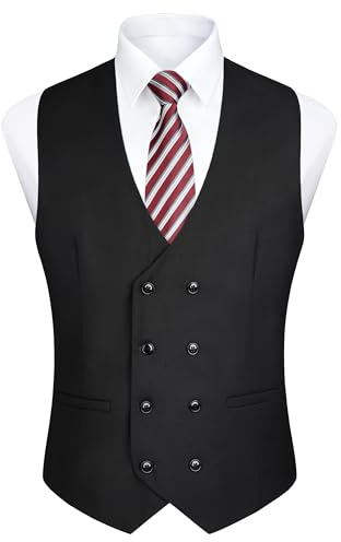 Enlision Men's Double Breasted Waistcoat with V-Neck Slim Fit Suit Vest Casual Formal Business Dress Vest Black