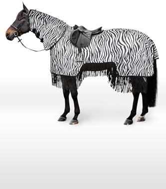 Horze Caballos Defender - Manta antimoscas con flecos, protector de cuello y cola, protección contra insectos y rayos UV