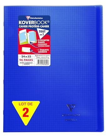 Clairefontaine 981622AMZC Lot de 2 Cahiers Agrafés Koverbook Bleus Marines - 24x32 cm - 96 Pages Petits Carreaux avec Marge - Papier Blanc 90 g - Couverture Polypro