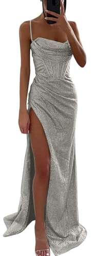 Abito con paillettes tinta unita da donna con bretelle, senza maniche, senza schiena, cocktail party, abiti festivi per matrimonio donna, argento, M
