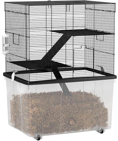 PawHut Gabbia per Criceti a 3 Livelli con Base Profonda 31 cm e Ruote, Casetta per Gerbilli con Rampe, Ciotola, Bottiglia, 58x43x74 cm, Nero