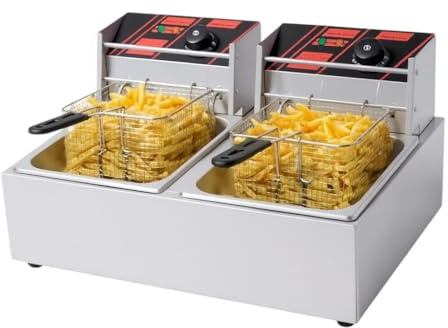 Friteuse Électrique Professionnelle Double Cuves 2x6L ou 2x8L – 5000W à 6500W – Thermostat Réglable, Cuves Amovibles – Idéal Restauration, Snack, Food Truck (2 x 6 litres)