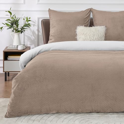 BEDSURE Ropa de cama con textura esponjosa 200x200 Cáqui - Funda nórdica de forro polar con 2 fundas de almohada de 80x80 cm, juego de ropa de cama cálido con cremallera, ropa de cama de piqué de