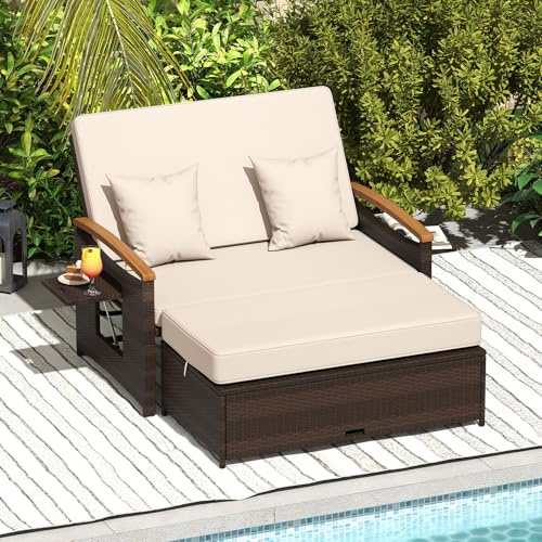 COSTWAY Tumbona Jardin de Ratan 2 Plazas, Tumbona Reclinable con Respaldo Ajustable de 4 Niveles, Sofa Exterior con Reposapiés de Almacenamiento, Cama Terraza Bandejas Laterales Retráctiles