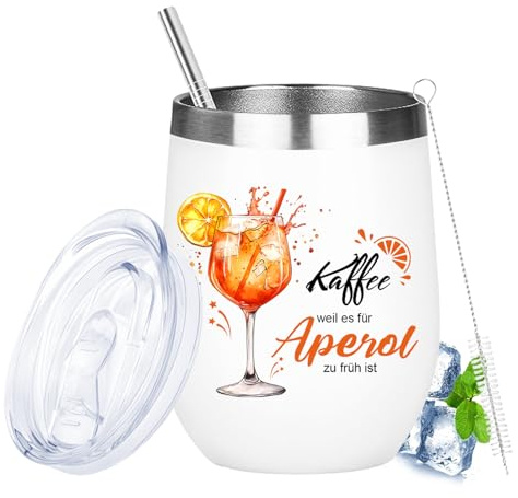 Aperol Geschenk Becher 355 ml – Edelstahl Thermobecher mit Deckel & Strohhalm, doppelwandig isoliert, Aperol Deko, perfekt für Kaffee, Wein, Cocktails, Travel To Go
