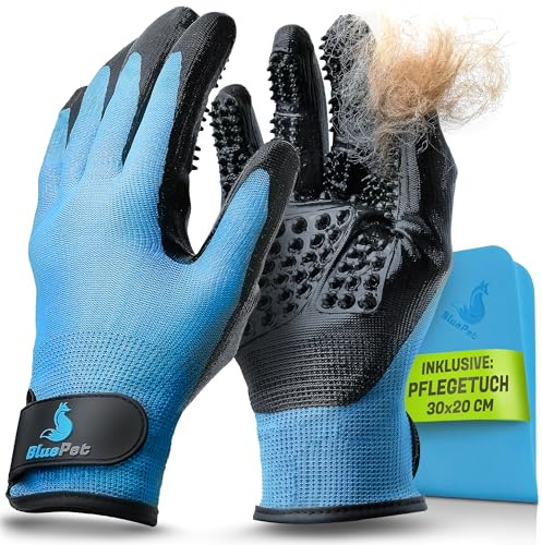 BluePet Guanto per la cura del pelo + panno per la pulizia del guanto in pelliccia come spazzola per cani e spazzola per gatti (azzurro, M-L)