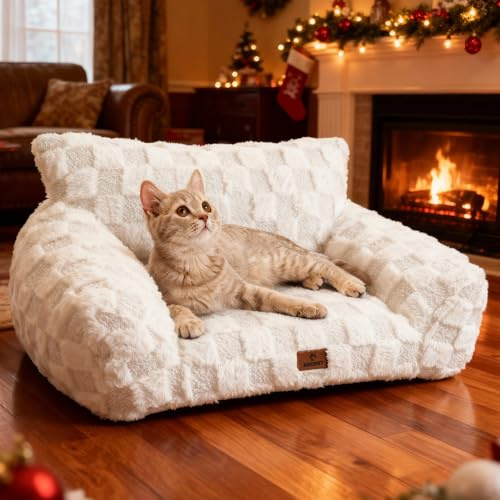 ABCPET Cat Bed Cats Couch for Puppy and Kitten, Fluffy Pet Couch Small Dog Sofa Bed, Supportive Cat Sofa for Indoor Cats, Washable Cover & Non-Slip, 26 inch, White