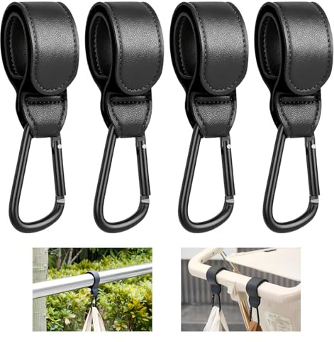 4 Pezzi Ganci Passeggino Universali, Fino a 35 kg, Ganci per Passeggino Porta Borse in Pelle, Facili da Installare e Resistenti, Gancio Borsa Passeggini per Carrozzina, Bici, Auto, Carrello (Nero)