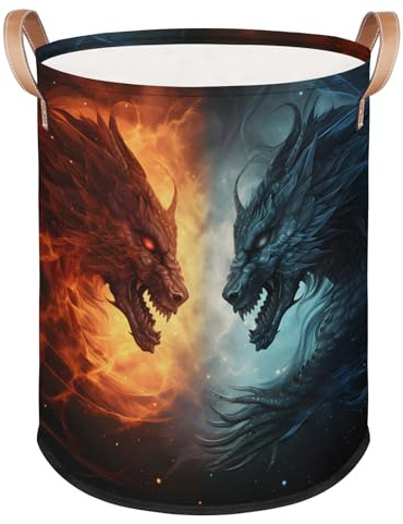 Cool Fire and Ice Dragon Laundry Basket Foldable Storage Baskets Round Laundry Hamper With Handle for Gift Baskets/Laundry Storage/Bedroom and Utility Room Storage Bins