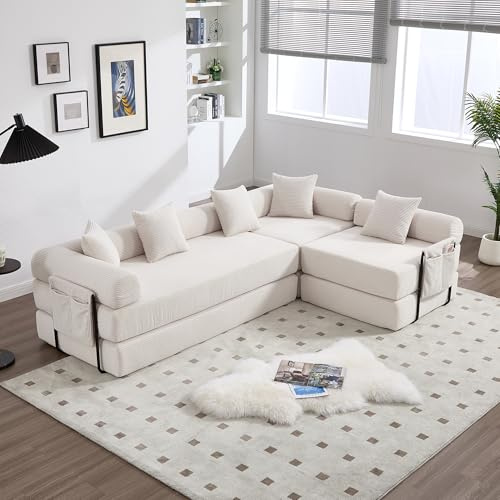 A ALFRESCOOL Ecksofa, Sofa L Form mit Schlaffunktion, Modulares Sofa, Schlafsofa mit Stauraum, Vakuumverpackt & Mühelose Montage, Leicht zu Reinigen, Seitentaschen, 5 Kissen, 270×180×64cm (Beige)