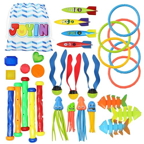 Sloosh 30 Pcs Diving Pool Toys for Kids Ages 3-12 Jumbo Set with Storage Bag Pool Games Summer Swim Water FishToys