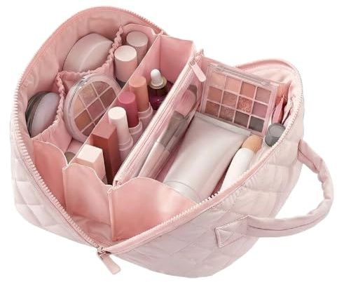 Lay Flat Makeup Bag Organizer for Women Large Capacity Travel Toiletry Bag Wide Open Cosmetic Bags Puffy Makeup Case with Compartments Waterproof Pouch for Toiletries & Brushes (Pink)