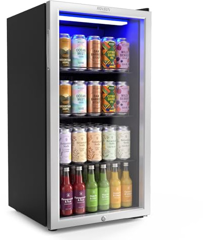 ROVSUN 3.3 Cu.Ft. Beverage Refrigerator Cooler with Double Layer Glass Door & Adjustable Shelf, Beverage Fridge for Home Office Bar, Quiet Mini Fridge Cooler w/Lock for Soda Wine Beer, 32-50°F, Black