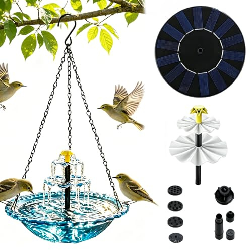 Abbeveratoio solare per uccelli con fontana da appendere, abbeveratoio per uccelli per esterni da appendere, grande vasca per uccelli con fontana per colibrì, con pompa solare e ciotola in vetro, per