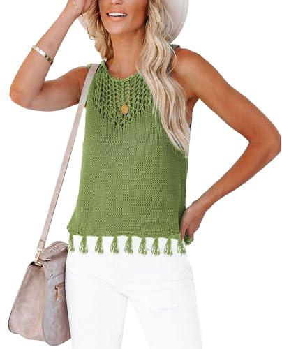 cffdviz Top De Crochet Sin Mangas para Mujer De Verano 2026 con Cuello Redondo con Recorte Flecos En El Dobladillo Chaleco Suéter
