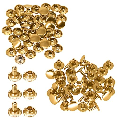 Trimming Shop 15mm Double Cap Rivets, Gold, Tubular Metal Studs, 100 Sets | Tubular Metal Studs for Leathercraft, Sewing, Clothing Repair, DIY, 15mm x 13.5mm