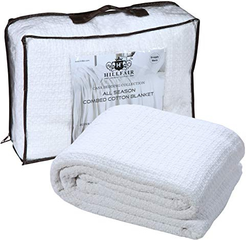 HILLFAIR 100% Combed Cotton Blanket– King Bed Blanket– Soft Cozy Warm Multipurpose Throws for Luxury Home Decor– 90 x 108 inch King Size Cotton Blankets for Beds- Bed Blankets for All Season- White