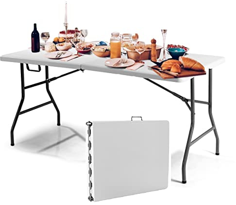 GIANTEX Campingbord, fällbord, trädgård, trädgårdsbord, fällbart bord, balkongbord, matbord, sidobord utomhus, resebord bärbart med handtag, väderbeständigt för camping balkong, vitt (153 x 74 x 74 cm