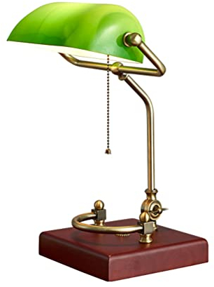 Klassisch Bankers-Lampe Tischleuchte-Lampe mit Zugschalter, Antik Bankerlampe grün Glasschirm Holzfuß Nostalgie Vintage Schreibtischlampe E27 Innen Nachttischlampe Leselampe Bürolampe Bibliothekslampe