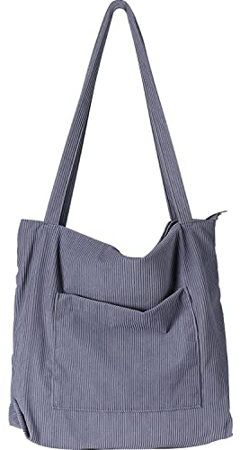 WantGor Cord Tasche Damen Umhängetasche mit Reißverschluss, Groß Handtasche Tote Bag Shopper Schultertaschen für Schule Arbeit Reisen Einkaufen Alltag (Grau)
