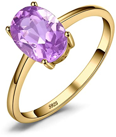 JewelryPalace Class Natural Gemstone Amethyst Birthstone Solitaire Engagement Rings for Women, Anniversary 14k Yellow Gold Plated 925 Sterling Silver Promise Rings for Her, Jewellery Sets T