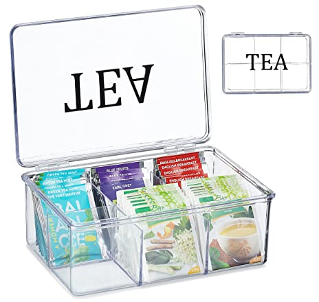 Relaxdays Teebox, Kunststoff, 6 Fächer, Teekasten mit Deckel, HBT: 9 x 21,5 x 15 cm, Teebeutel Aufbewahrung, transparent