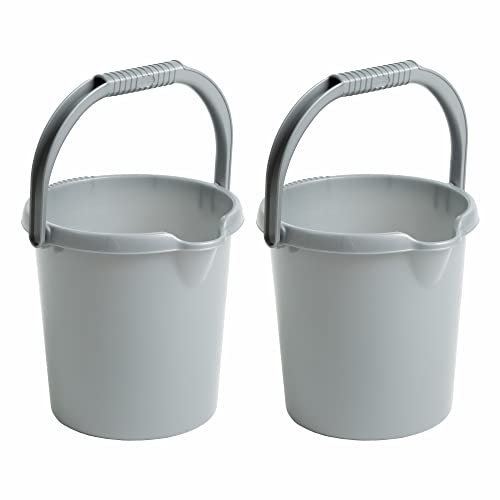 Set of 2-5 Litre Silver Round Plastic Bucket With Carry Handles and Functional Spout Strong Multipurpose Space Saving Fishing Water Car Wash Bucket For Food Storage Garden Cleaning Kitchen.