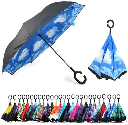 CICILIAYA Paraguas Invertido Plegable de Doble Capa Con Protección Contra la Lluvia, Mango en Forma de C, Grande y Recto Para Auto - Azul 3, M