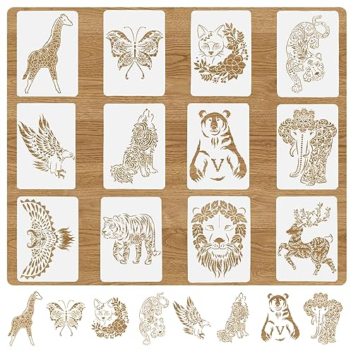 12 Stück Tiere Schablonen Kinder, 29 * 21cm Schablonen Textilgestaltung Malerei Schablone, Tiere Schablonen Zum Malen Kunststoff Malschablonen, Airbrush Schablonen Set für DIY Handwerk Scrapbooking