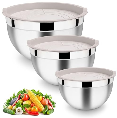HaWare Set di 3 ciotole per insalata, in acciaio inox, con coperchio ermetico, perfette per cottura/cucina/preparazione, impilabili e lavabili in lavastoviglie, 4,5 l, 2,7 l, 1,5 l, colore cachi